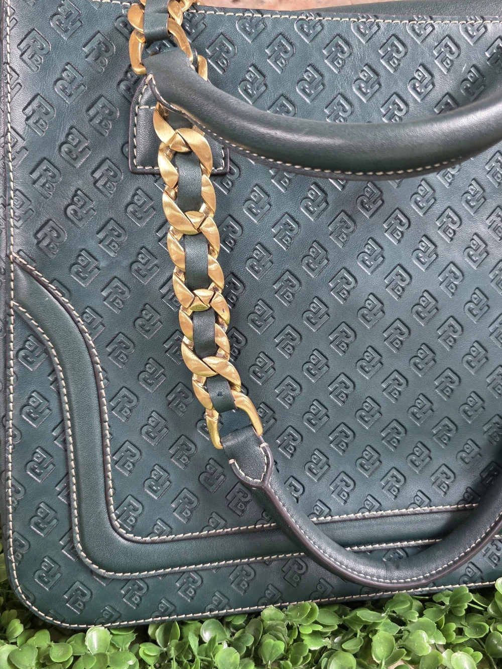 POWERLAND Forest Green Embossed Monogram Tote Bag Gold Chain Straps